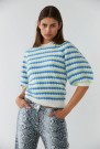 Stella Nova AA41-3649 Knitted Wave Stripe Short Sleeved Sweater Blue And Green thumbnail