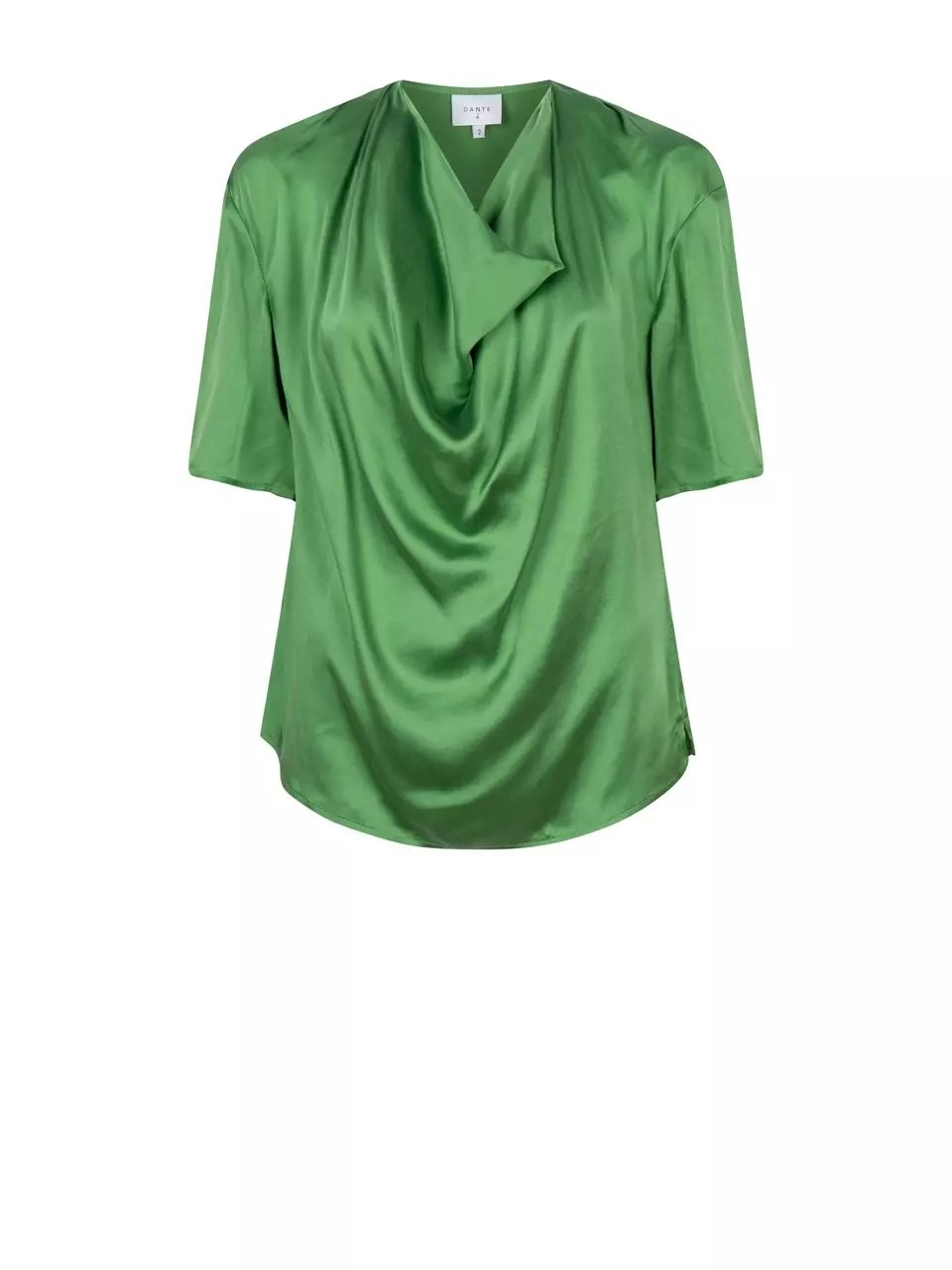 Vakker silkebluse fra Dante i en fantastisk grønnfarge. Blusen har korte ermer og en dekorativ, drapert hals. Den er laget i en fantastisk stretchy silkekvalitet. 